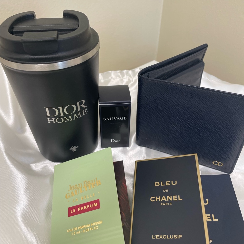 Dior Men’s Wallet, Dior Homme Travel Mug And Sauvage Fragrance Set